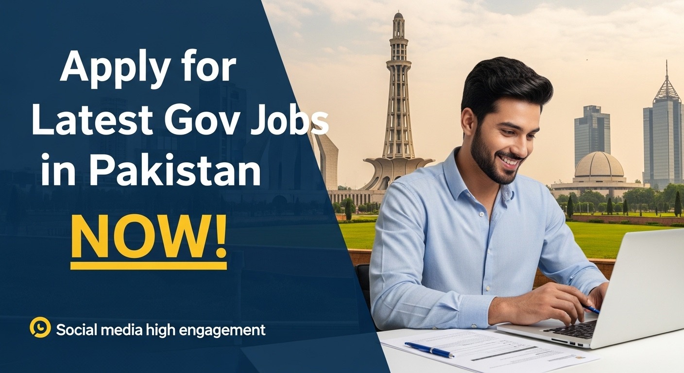 Young professional applying online for government jobs with Pakistani landmarks in the background – Latest Government Jobs in Pakistan guide.