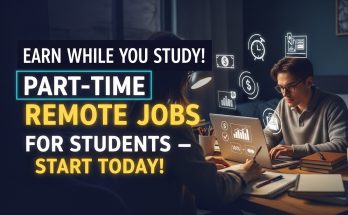 Student working on a laptop in a cozy study setup, representing part-time remote jobs for students. Bright, eye-catching, social-media-ready feature image