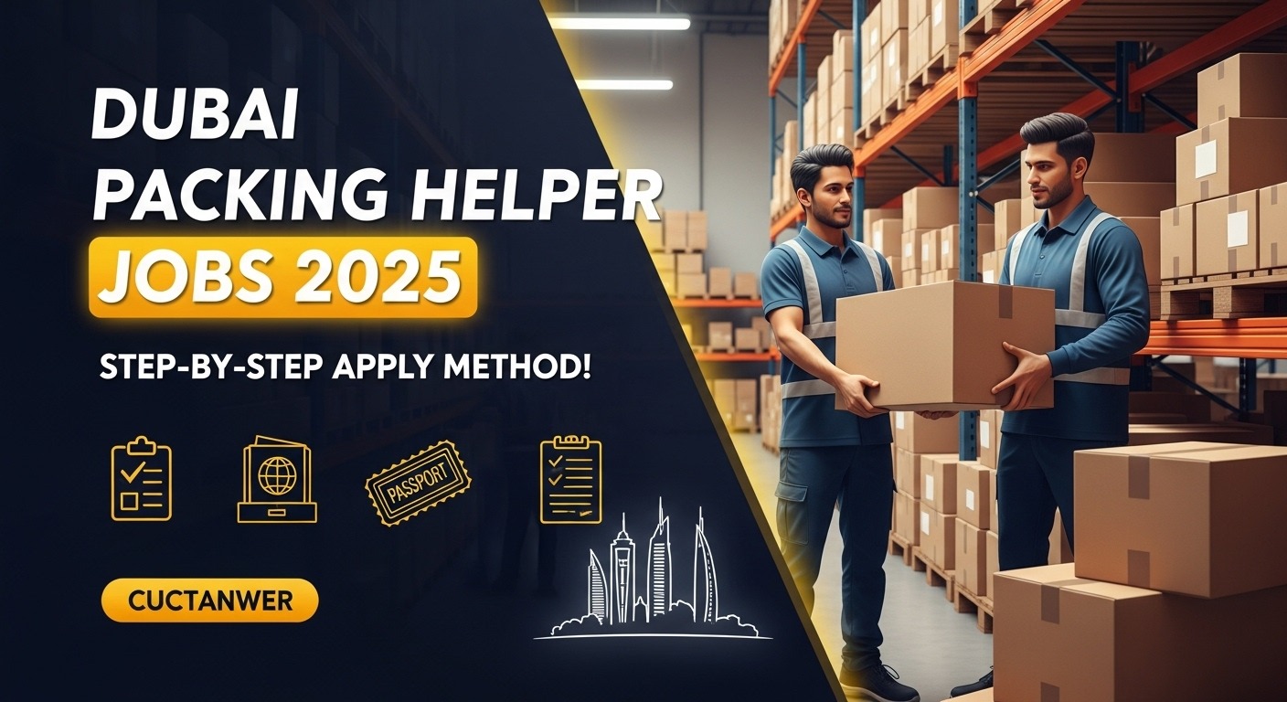 Realistic image of packing helpers working in a Dubai warehouse with bold text promoting packing helper jobs and step-by-step apply method_Dubai Packing Helper Jobs.