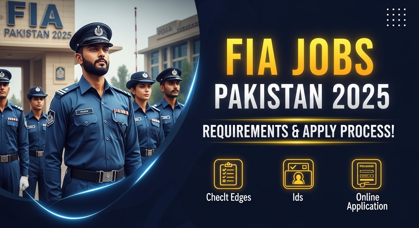 Realistic image of FIA Pakistan officers with bold text promoting FIA Jobs Pakistan 2025, requirements, and apply process.