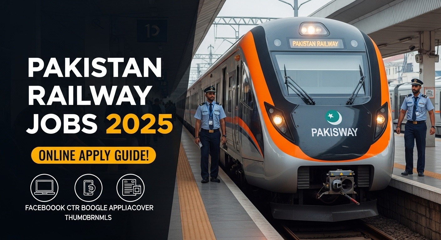 Realistic image of Pakistan Railway train with bold text promoting Pakistan Railway Jobs 2025 and online apply guide