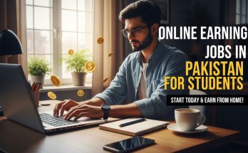 A Pakistani student working on a laptop at home, representing online earning jobs in Pakistan for students with bold headline text.